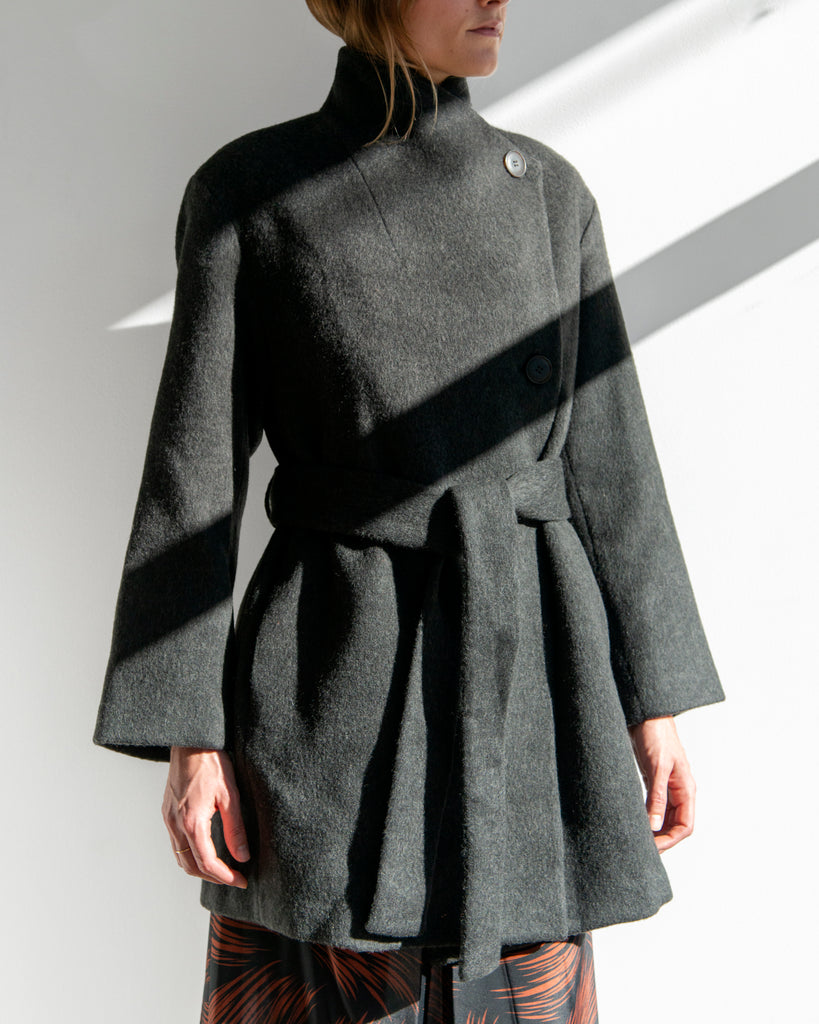Mijeong Park - Wool Blend Wrap Coat in Charcoal