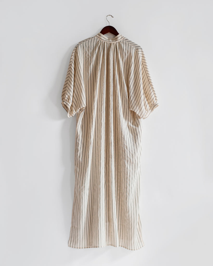 Mijeong Park - Shirred Dress in Light Beige Stripe