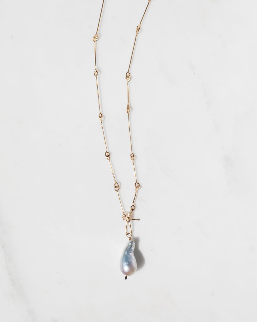 14K Lune Bone Chain Necklace with Tahitian Pearl Pendant