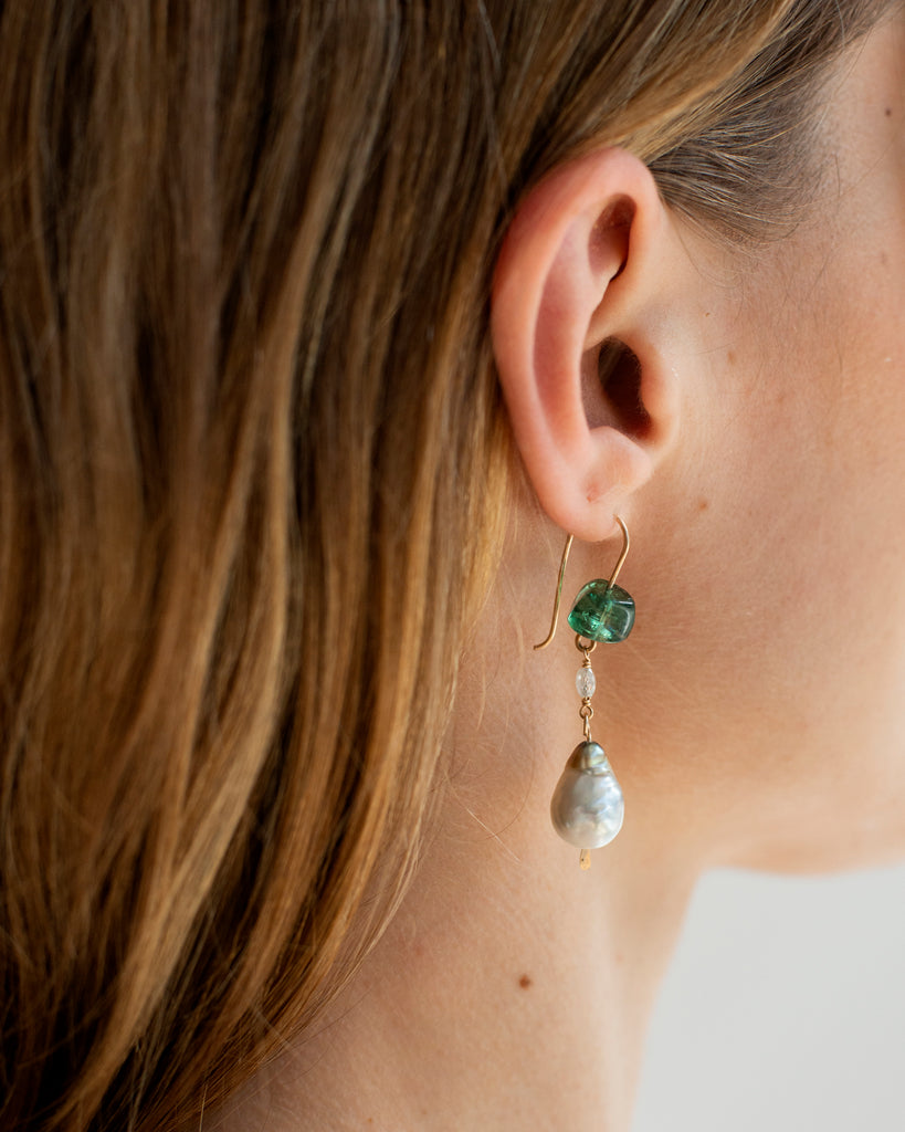14K Tourmaline, Diamond, and Pearl Cascade Earrings